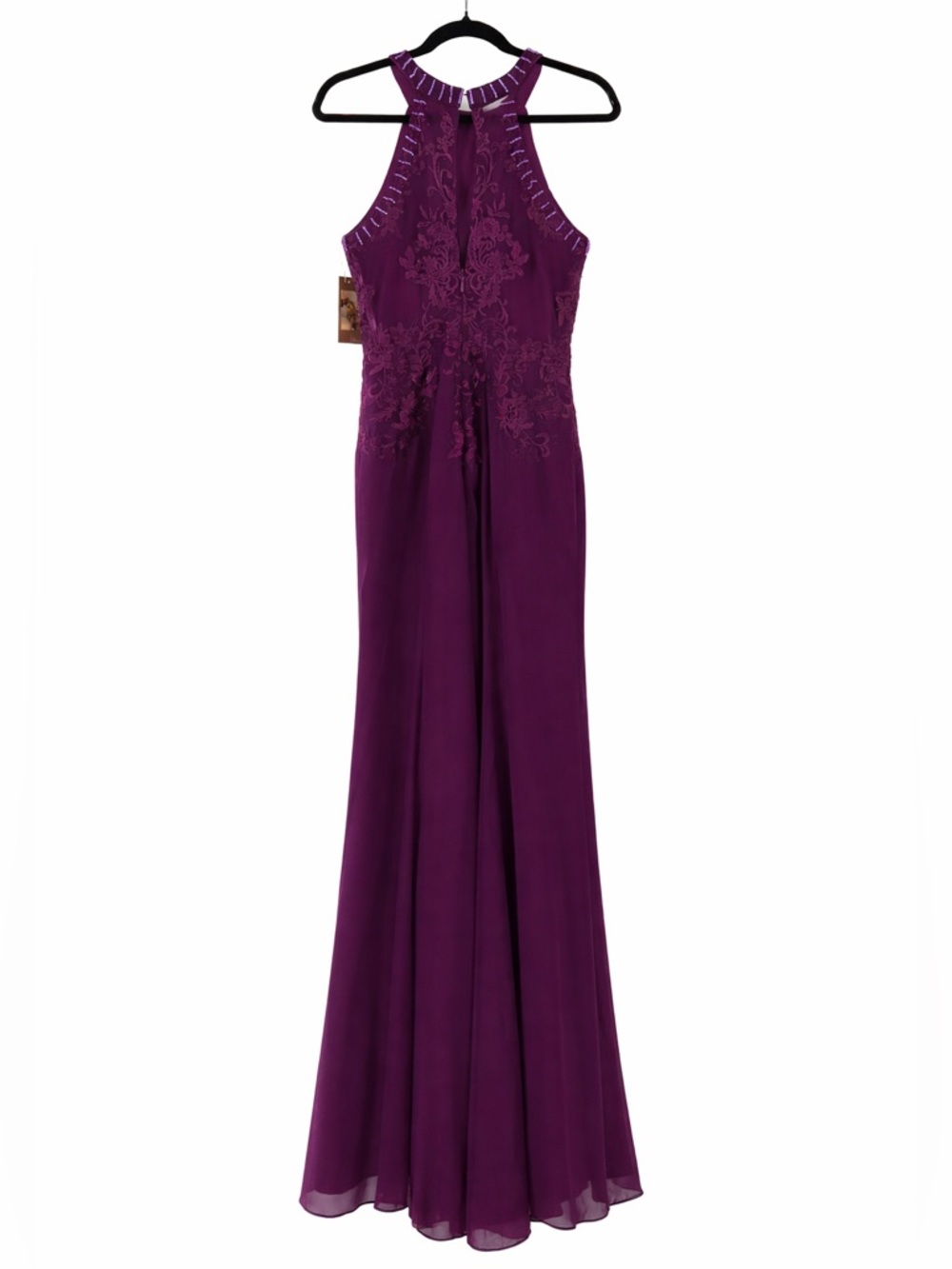 Plum Purple Lace Appliqué Beaded Halter Gown |  Formal Dress | Wedding Guest - Picture 9 of 13